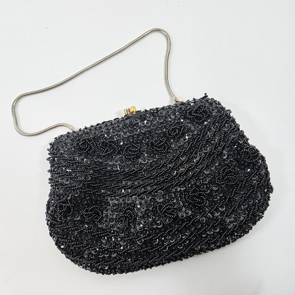 Vintage Beaded Black Formal-Evening Clutch Purse Made in Taiwan Kiss lock